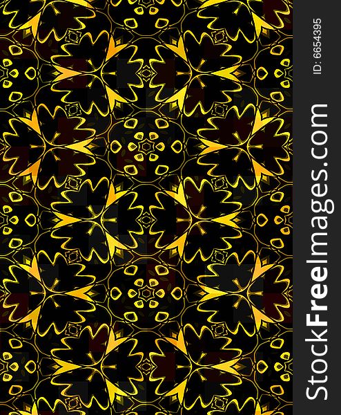 Repeating yellow flower shapes on black background. Repeating yellow flower shapes on black background