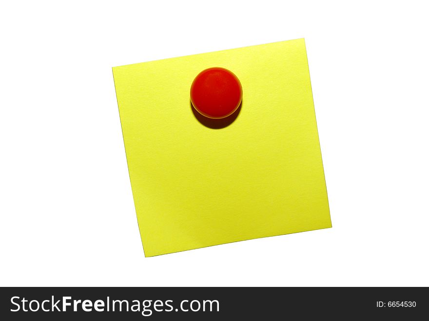 Yellow sticky notepaper with red magnet. Isolated on white with clipping path. Yellow sticky notepaper with red magnet. Isolated on white with clipping path.