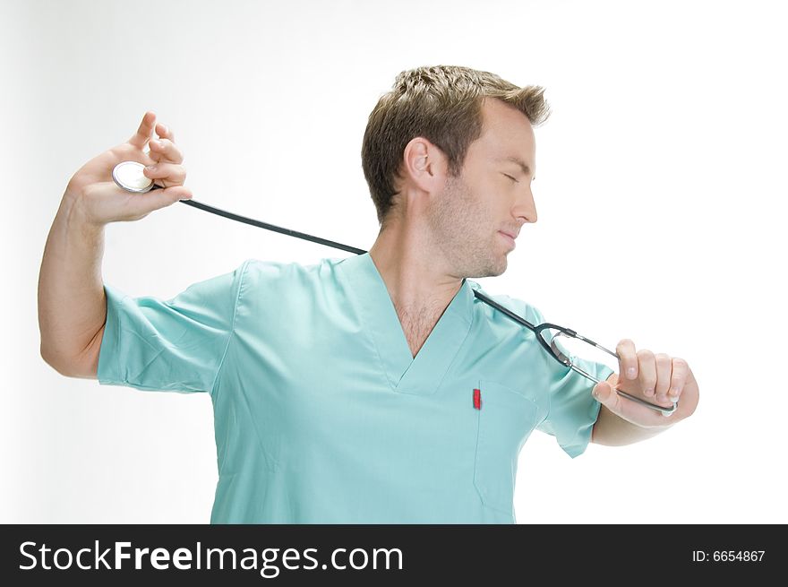 American doctor holding his stethoscope