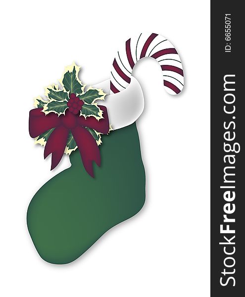 Illustration of green Christmas stocking on white