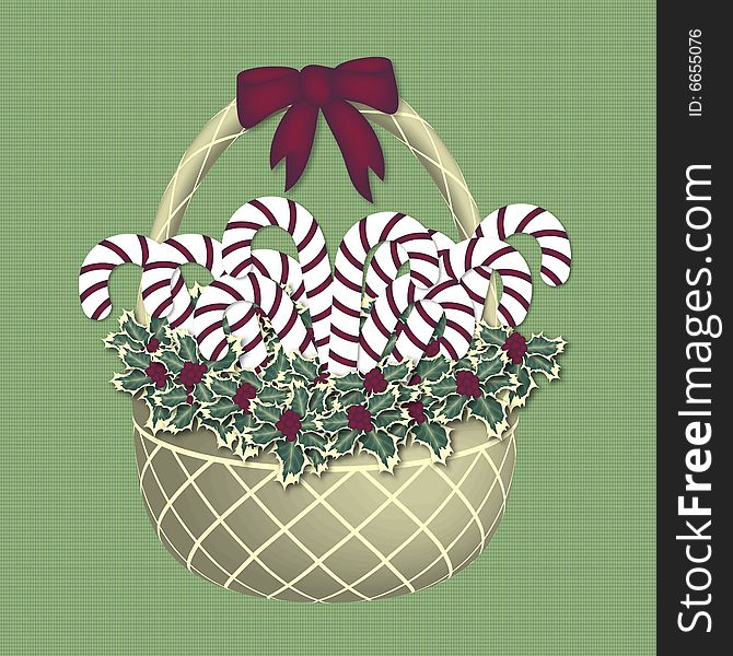 Illustration of candy cane gift basket on green pattern. Illustration of candy cane gift basket on green pattern