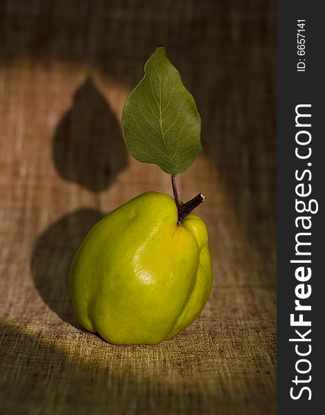 Green quince close-up isolated on brown fabric