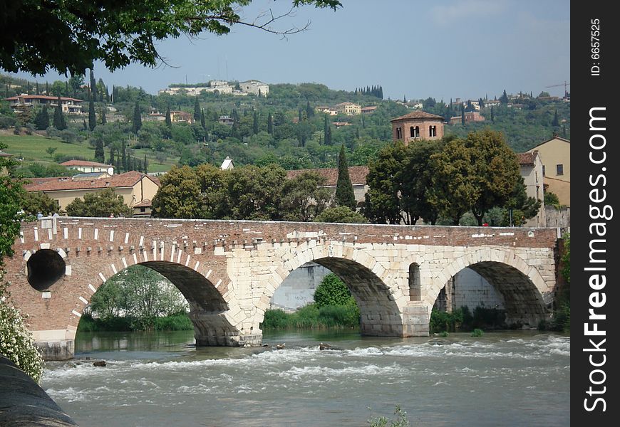 River and ancient Roman bridge, Verona Italy