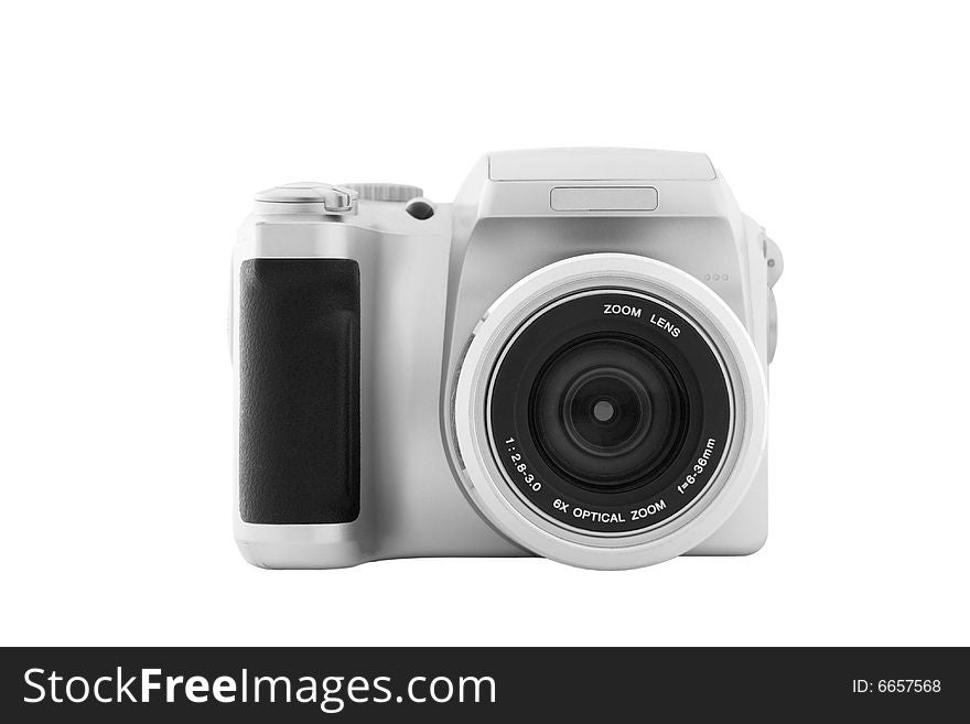 Typical compact zoom digital camera isolated on white