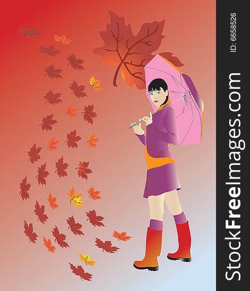 Girl With Umbrella At Autumn
