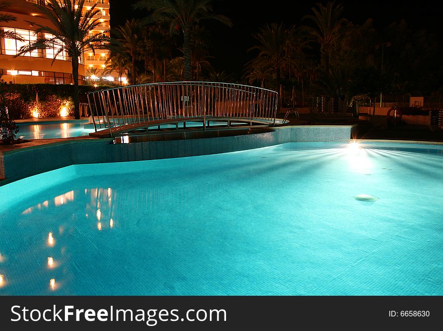 Pool at night with lights