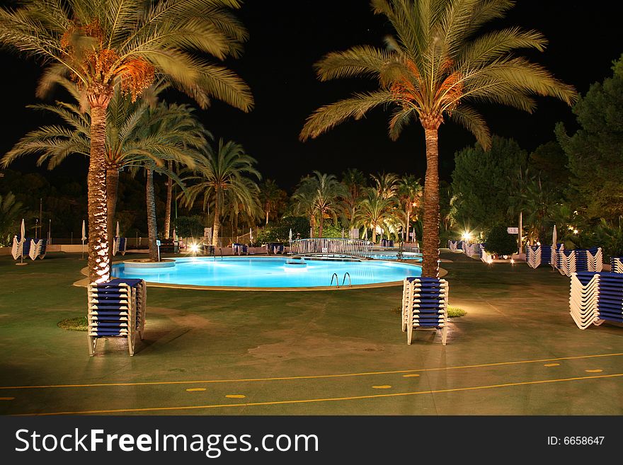 Pool at night with lights