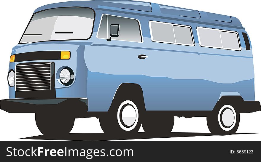 A three quarter view of a blue 1980's volkswagen van. A three quarter view of a blue 1980's volkswagen van