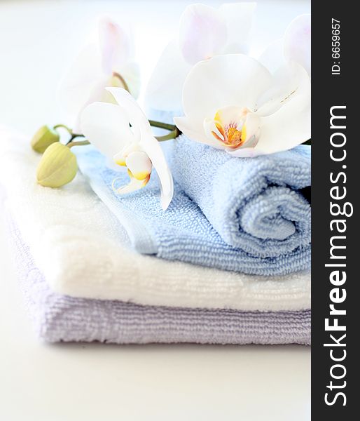 Close up of towels with white orchid. Close up of towels with white orchid