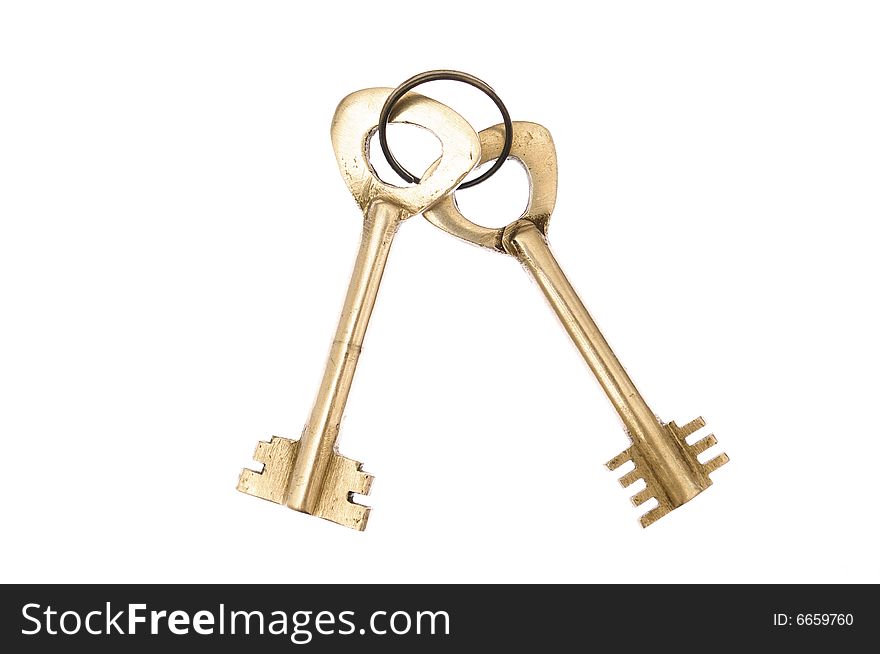 Two golden keys on metal ring. Two golden keys on metal ring