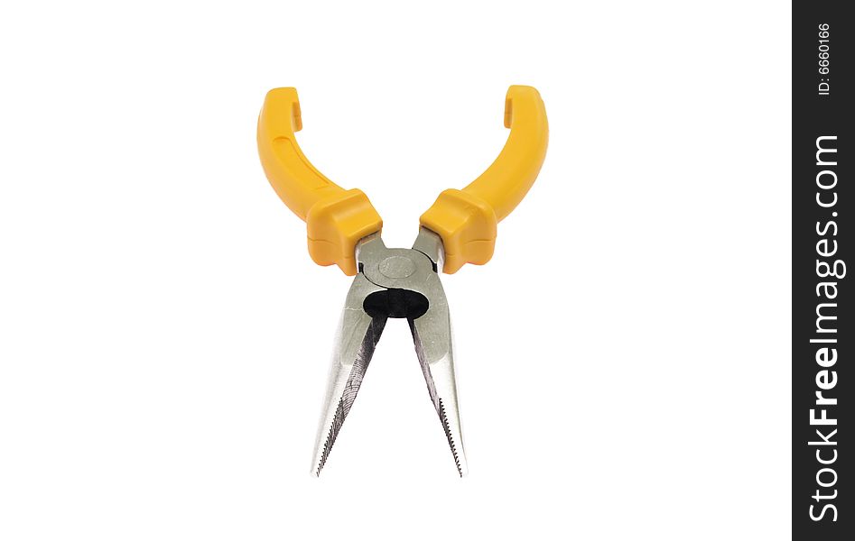 Opened metallic pliers with yellow handles. Opened metallic pliers with yellow handles.