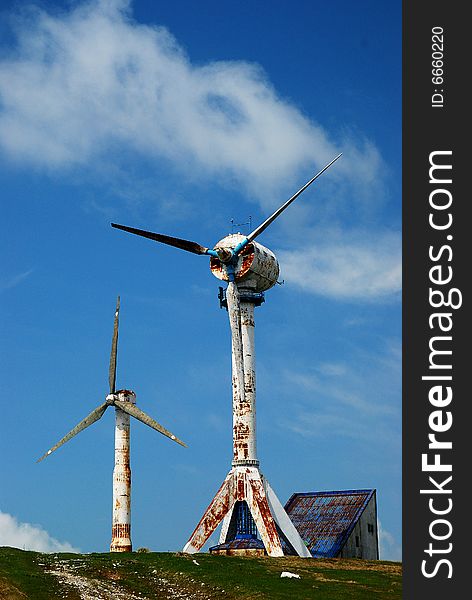 Old wind turbines in Semenic,Romania