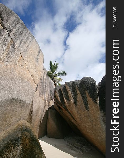 Granite rock formation on the beach in the Seychelles