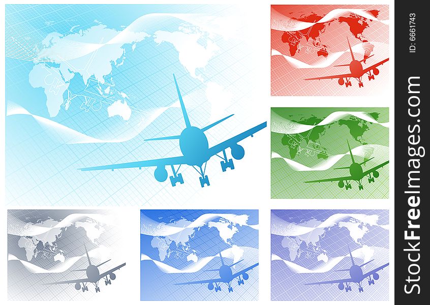 Airplane on world map bacground, illustration, AI file included. Airplane on world map bacground, illustration, AI file included
