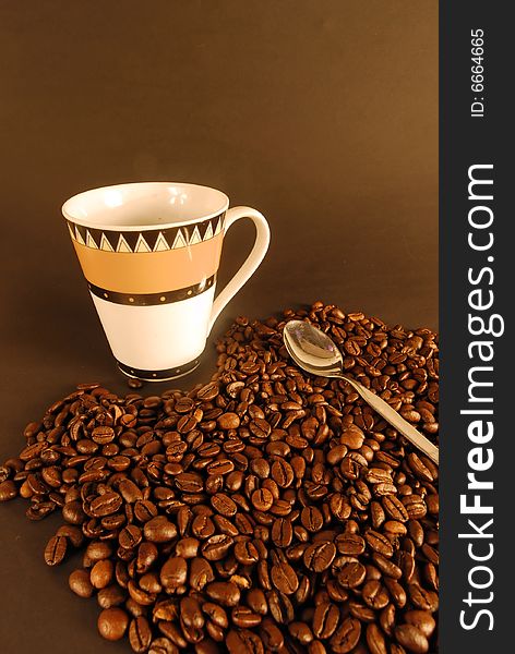 A studio shot series related to coffee - roasted beans with various cups and different backgrounds