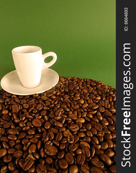 A studio shot series related to coffee - roasted beans with various cups and different backgrounds