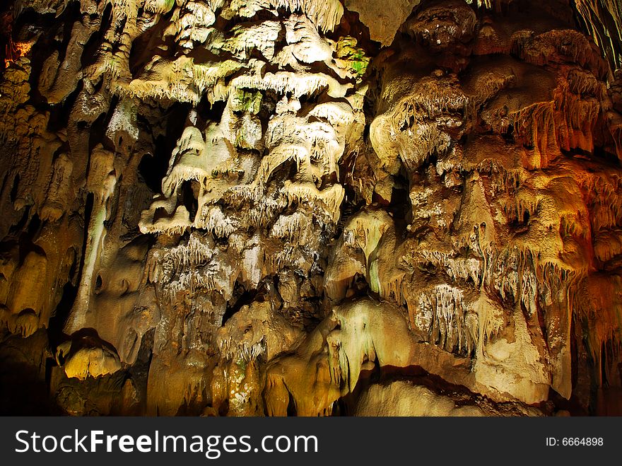 Stalagmites in stone cave Resavska in Serbia
