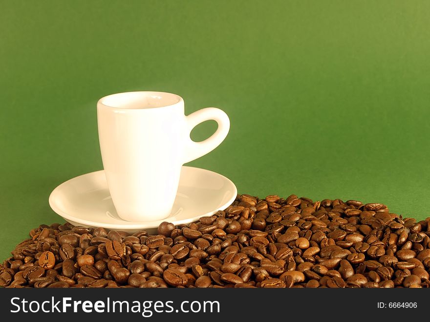 A studio shot series related to coffee - roasted beans with various cups and different backgrounds