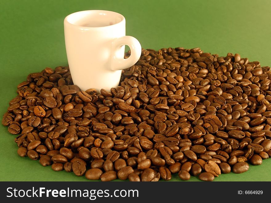 A studio shot series related to coffee - roasted beans with various cups and different backgrounds