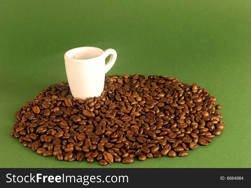 A studio shot series related to coffee - roasted beans with various cups and different backgrounds