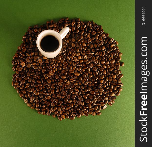 A studio shot series related to coffee - roasted beans with various cups and different backgrounds