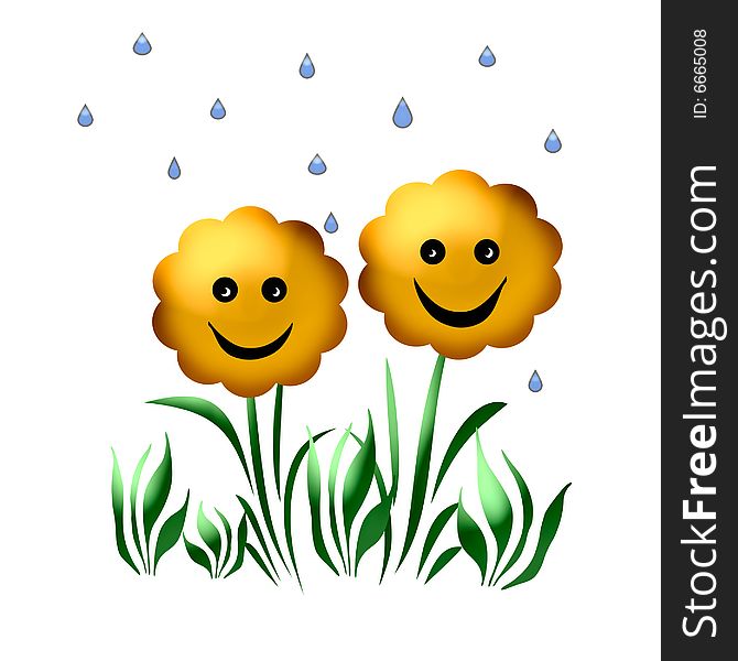 Smiling spring flowers with blue raindrops illustration. Smiling spring flowers with blue raindrops illustration