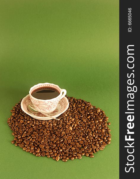 A studio shot series related to coffee - roasted beans with various cups and different backgrounds