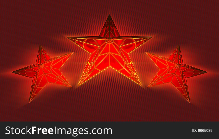 Three red glass stars in a gold fringing