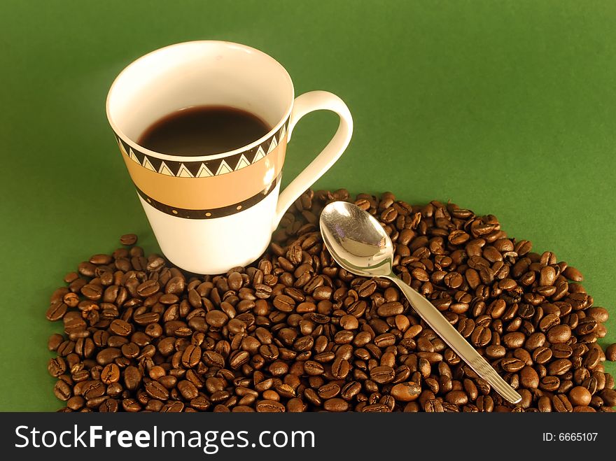 A studio shot series related to coffee - roasted beans with various cups and different backgrounds