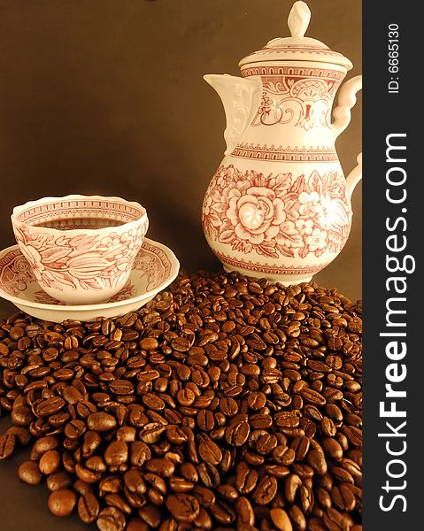 A studio shot series related to coffee - roasted beans with various cups and different backgrounds