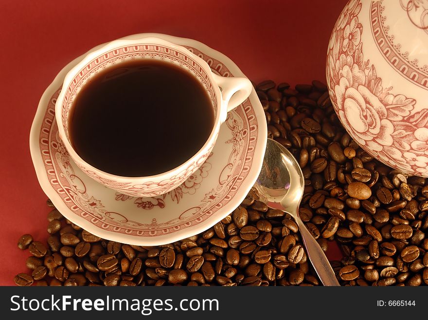 A studio shot series related to coffee - roasted beans with various cups and different backgrounds