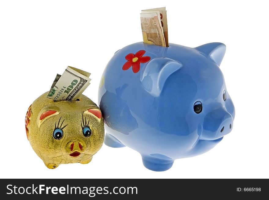 Piggy bank with dollar and euro against a white background