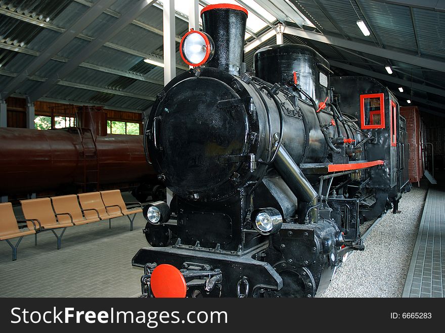 Front of black steam locomotive