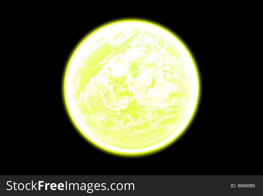A yellow fantasy planet on a dark background.