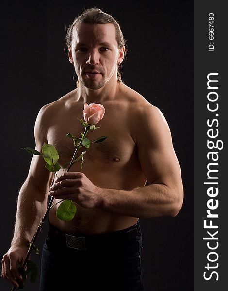 Standing romantic man with pink rose. Standing romantic man with pink rose