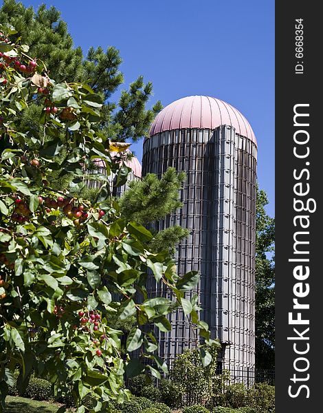 An old grain silo past a crabapple tree against blue sky. An old grain silo past a crabapple tree against blue sky