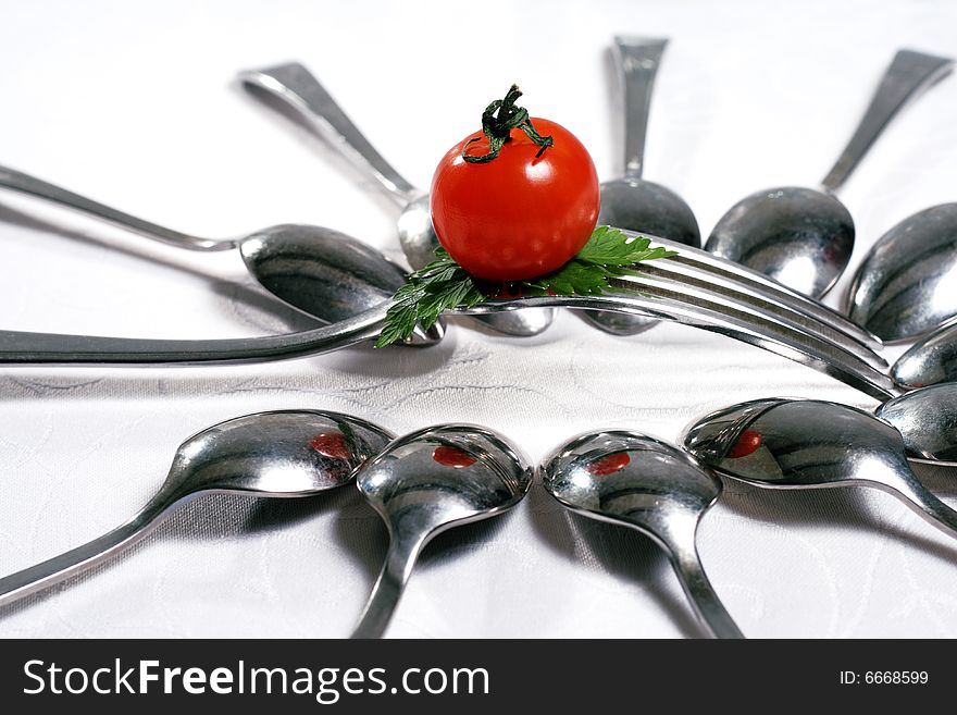 Food Still Life with Flatware and Cherry Tomato