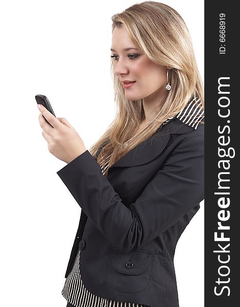 Beautiful blonde businesswoman wearing office clothes using her cellphone. Isolated on white background