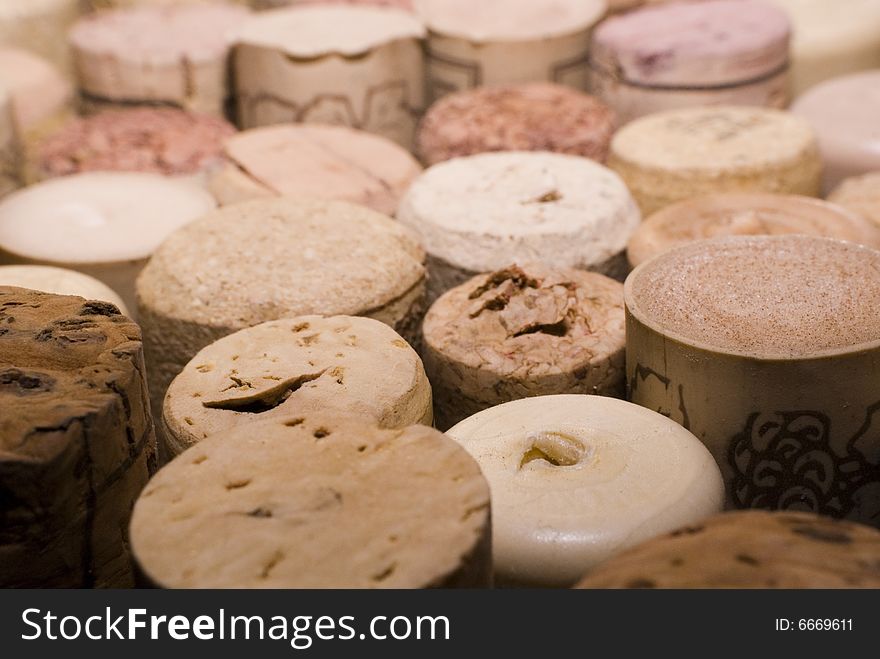 The closeup of pile of wine corks