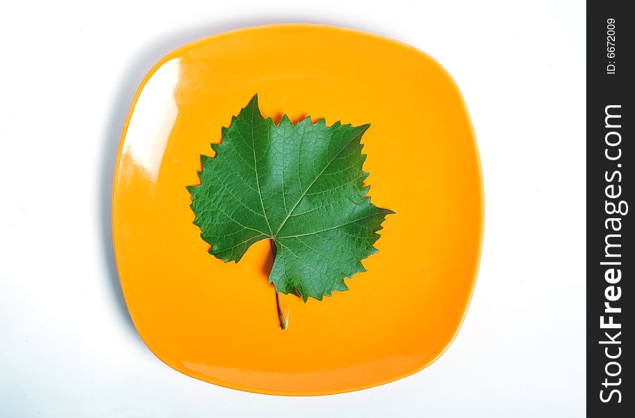 Close up of a vine leaf on an orange plate