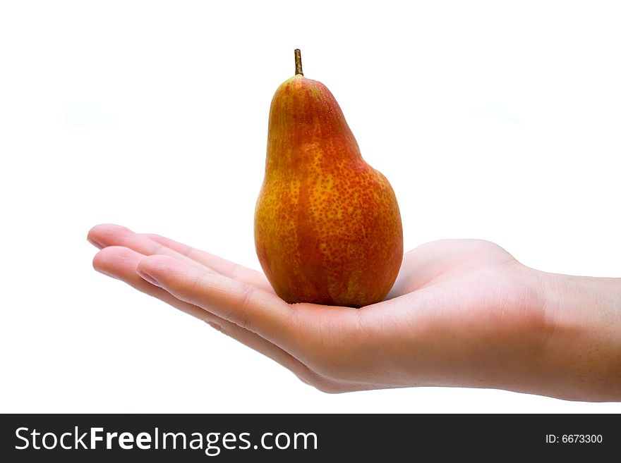 Fresh pear on palm on white background