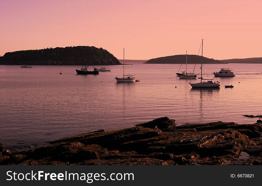 A spectacular view of Bar Harbor at sunrise. A spectacular view of Bar Harbor at sunrise.
