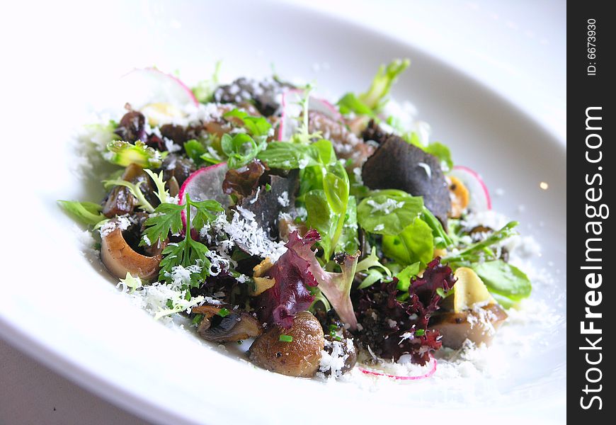 A dish which is contains mushroom, salad and black truffle. A dish which is contains mushroom, salad and black truffle.