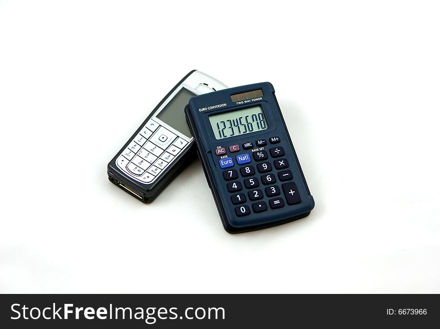 Calculator and cell phone on a white background