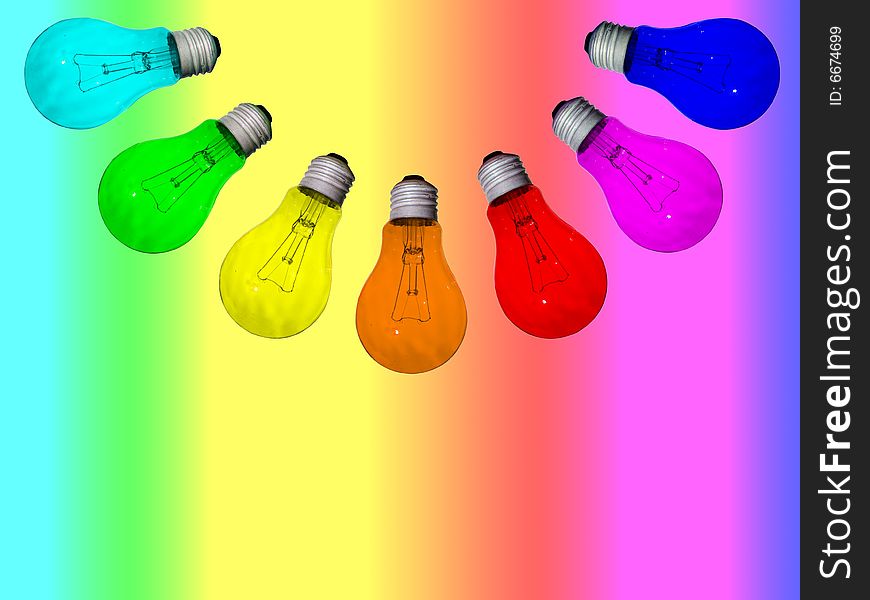 Rainbow colored light bulbs on rainbow background. Rainbow colored light bulbs on rainbow background