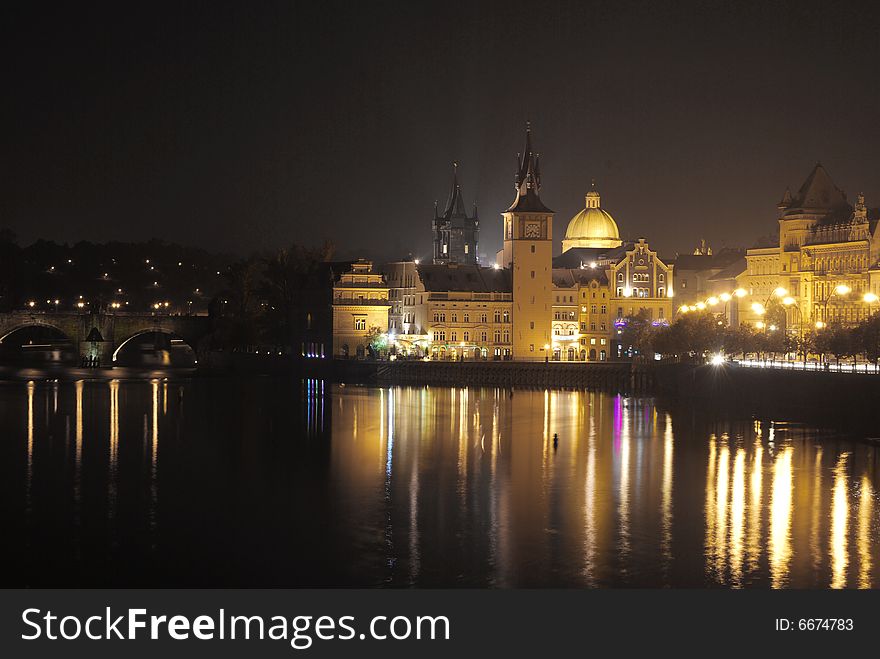 Golden Prague. Night wiev from Strelecky island to Charles bridge and surround. Golden Prague. Night wiev from Strelecky island to Charles bridge and surround.