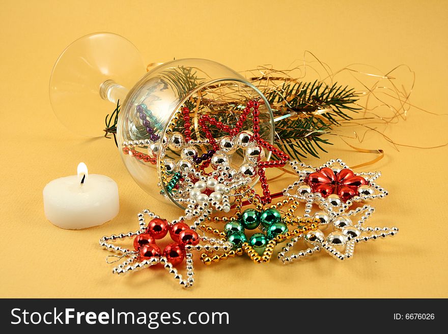Handmade christmas decoration, wineglass and candle. Handmade christmas decoration, wineglass and candle