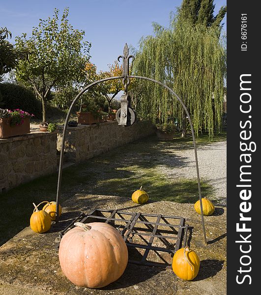 Pumpkins On A Well In Tuscan Resort