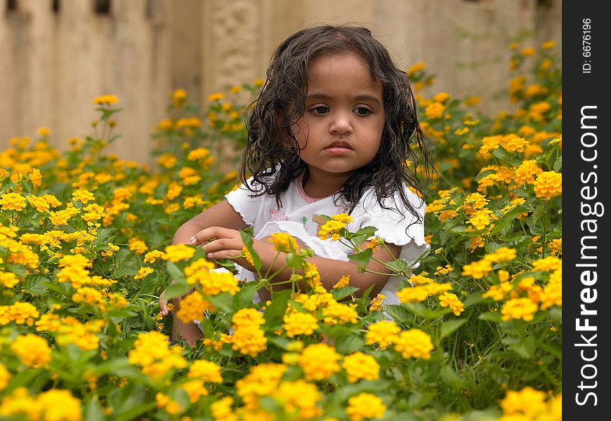 Indian girl squating inside a flower bed. Indian girl squating inside a flower bed