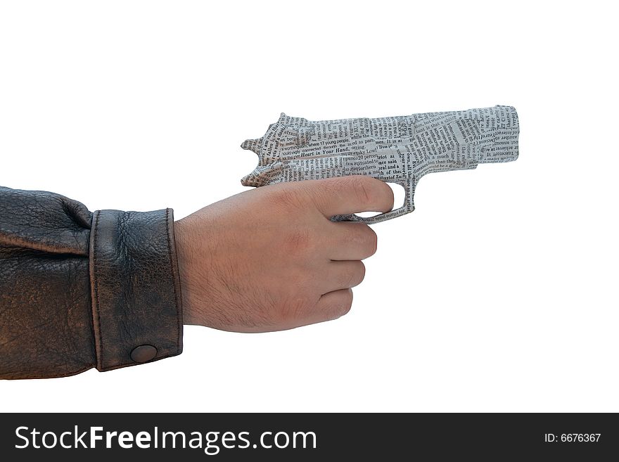 Male hand with newspaper pistol on white background. fake
